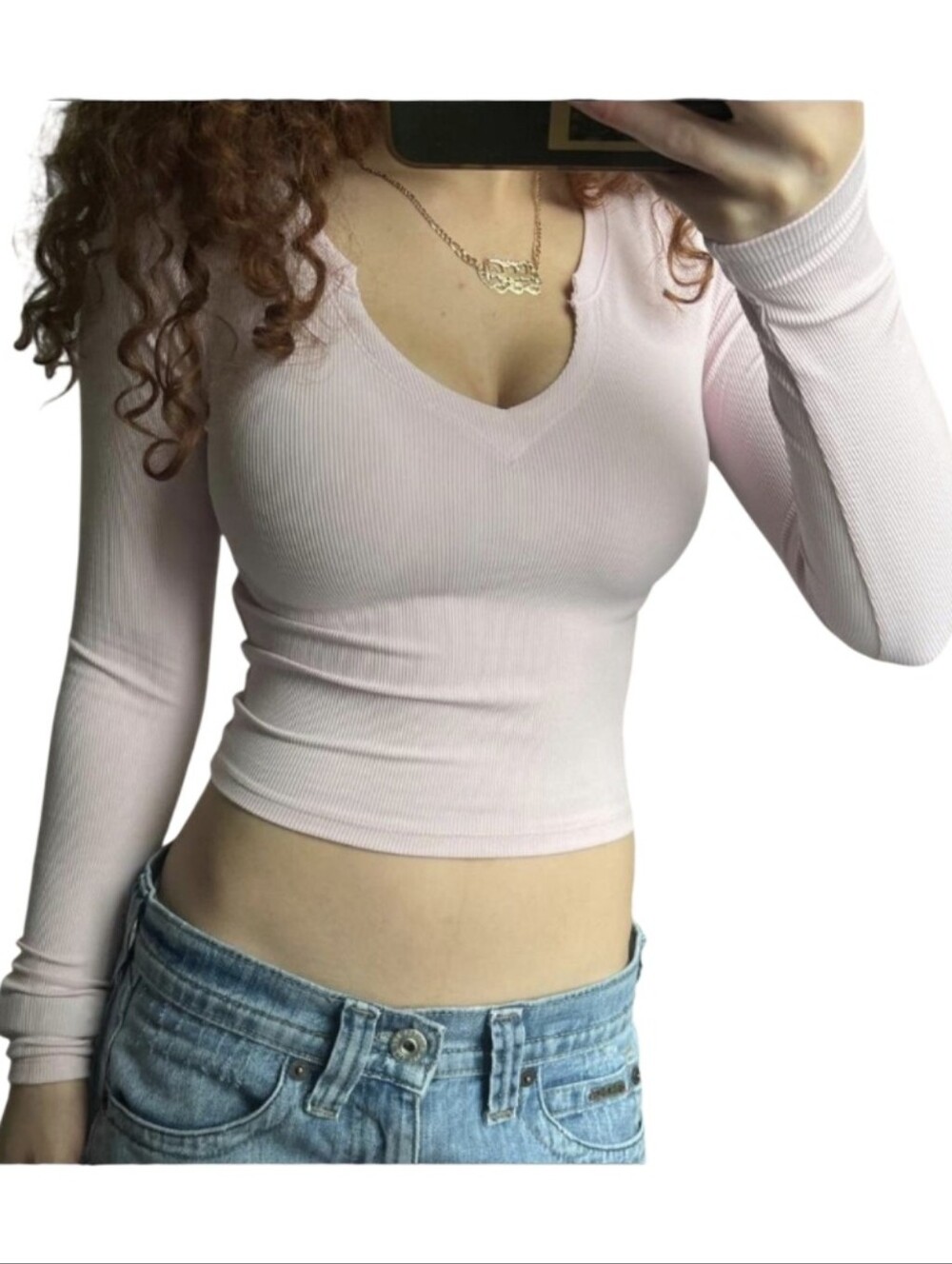 Hollister Baby Pink Ribbed V-neck Long-sleeve Shirt Women's Size Small